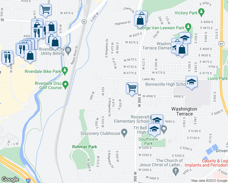 map of restaurants, bars, coffee shops, grocery stores, and more near 4835 South 450 West in Washington Terrace