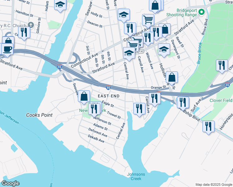 map of restaurants, bars, coffee shops, grocery stores, and more near in Bridgeport