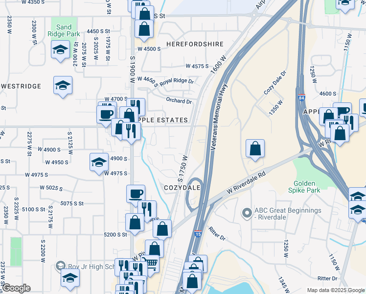 map of restaurants, bars, coffee shops, grocery stores, and more near 4584 1750 West Street in Roy