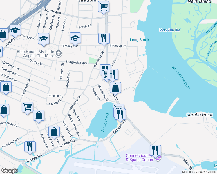 map of restaurants, bars, coffee shops, grocery stores, and more near 1029 Main Street in Stratford
