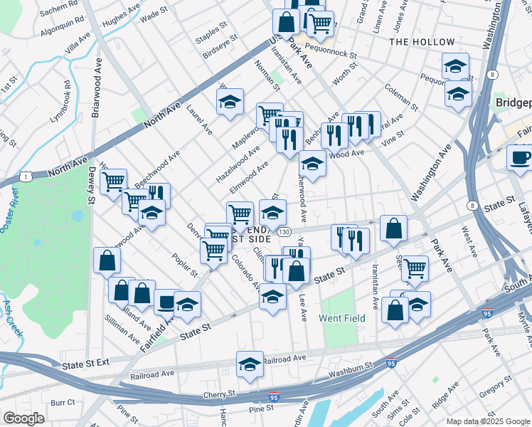 map of restaurants, bars, coffee shops, grocery stores, and more near 61 Grove Street in Bridgeport