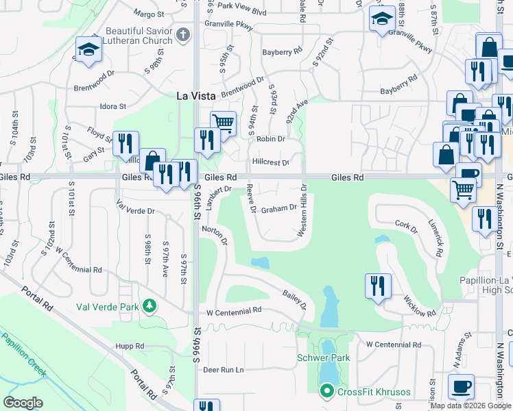 map of restaurants, bars, coffee shops, grocery stores, and more near 908 Graham Drive in Papillion
