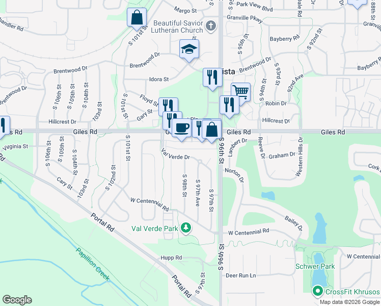 map of restaurants, bars, coffee shops, grocery stores, and more near 9734 Val Verde Dr in La Vista