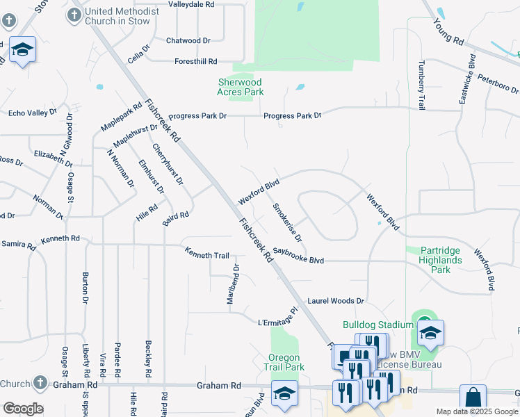 map of restaurants, bars, coffee shops, grocery stores, and more near 4388 Millburn Avenue in Stow