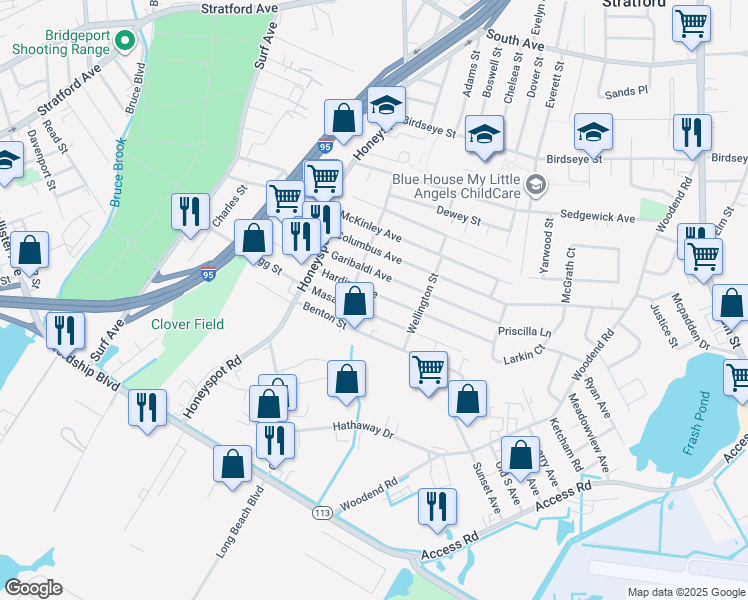 map of restaurants, bars, coffee shops, grocery stores, and more near 155 Harding Avenue in Stratford