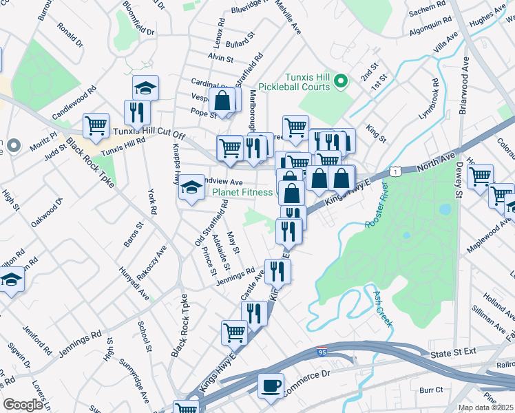 map of restaurants, bars, coffee shops, grocery stores, and more near 123 Beaver Street in Fairfield
