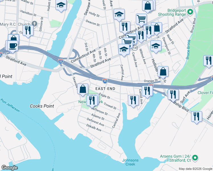 map of restaurants, bars, coffee shops, grocery stores, and more near in Bridgeport