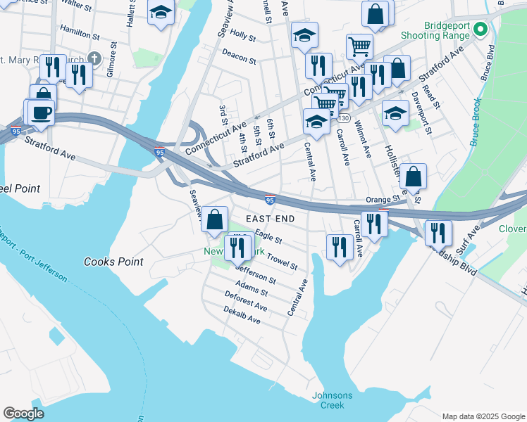 map of restaurants, bars, coffee shops, grocery stores, and more near 111 Smith Street in Bridgeport