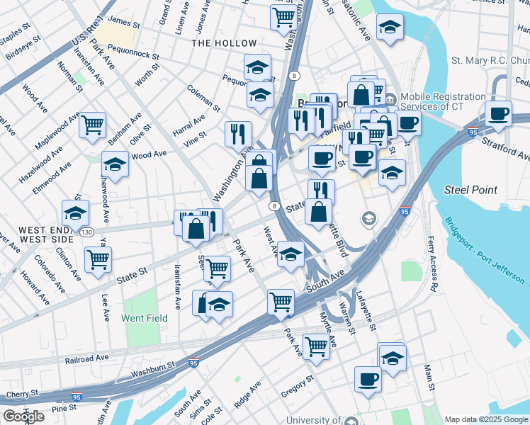 map of restaurants, bars, coffee shops, grocery stores, and more near 570 State Street in Bridgeport