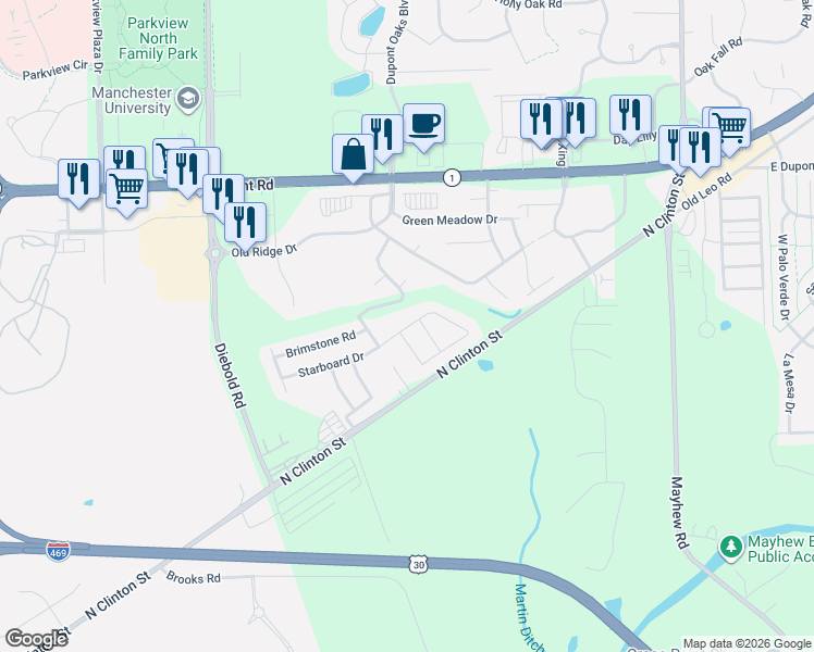map of restaurants, bars, coffee shops, grocery stores, and more near 4772-4946 Starboard Dr in Fort Wayne