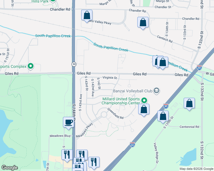 map of restaurants, bars, coffee shops, grocery stores, and more near 14011 Barretts Drive in Omaha