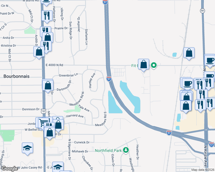 map of restaurants, bars, coffee shops, grocery stores, and more near 530 Meadows Road South in Bourbonnais