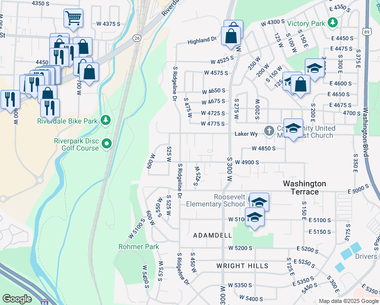 map of restaurants, bars, coffee shops, grocery stores, and more near 4836 South 450 West in Washington Terrace