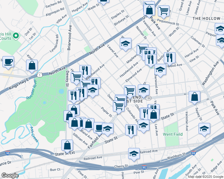 map of restaurants, bars, coffee shops, grocery stores, and more near 550 Colorado Avenue in Bridgeport