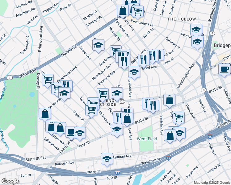 map of restaurants, bars, coffee shops, grocery stores, and more near 61 Grove Street in Bridgeport