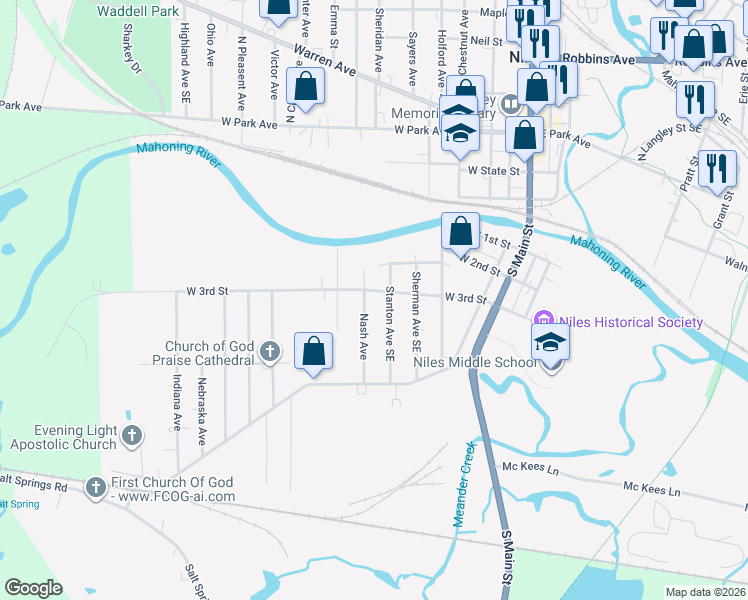 map of restaurants, bars, coffee shops, grocery stores, and more near 415 W 3rd St in Niles