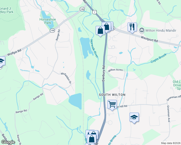map of restaurants, bars, coffee shops, grocery stores, and more near 20 Arrowhead Road in Wilton