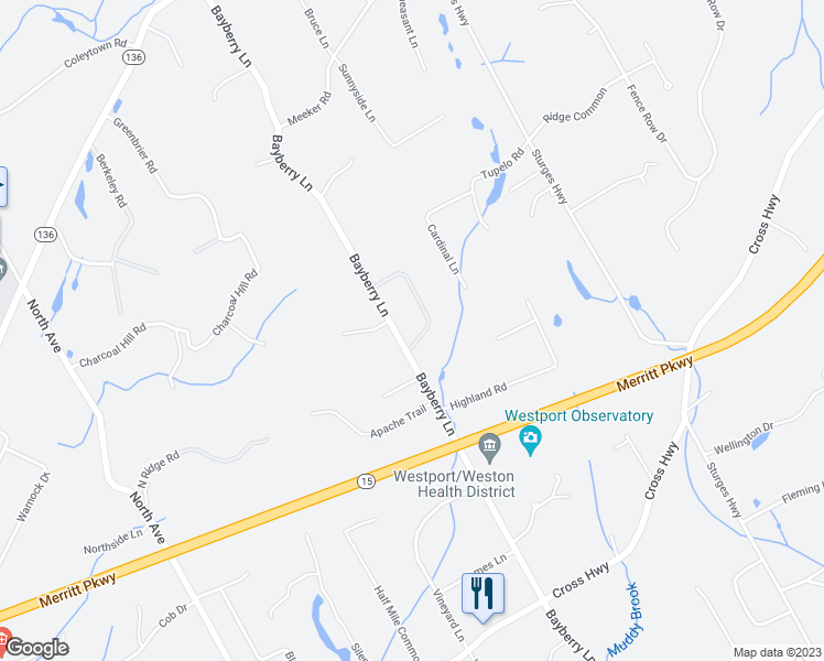 map of restaurants, bars, coffee shops, grocery stores, and more near 208 Bayberry Lane in Westport