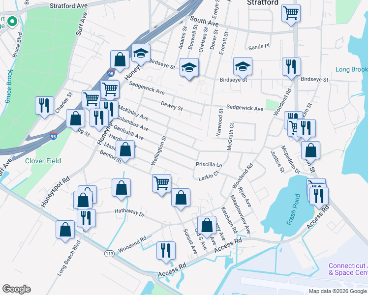 map of restaurants, bars, coffee shops, grocery stores, and more near 395 Columbus Avenue in Stratford