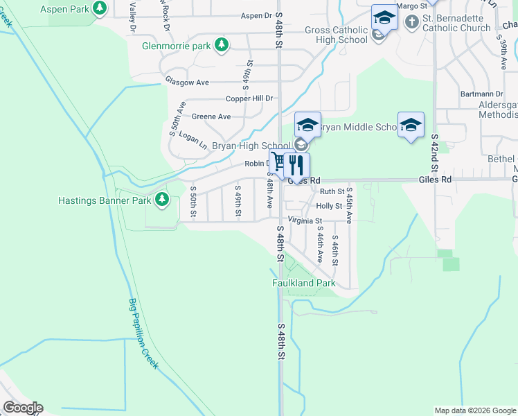 map of restaurants, bars, coffee shops, grocery stores, and more near 8405 South 48th Terrace in Omaha