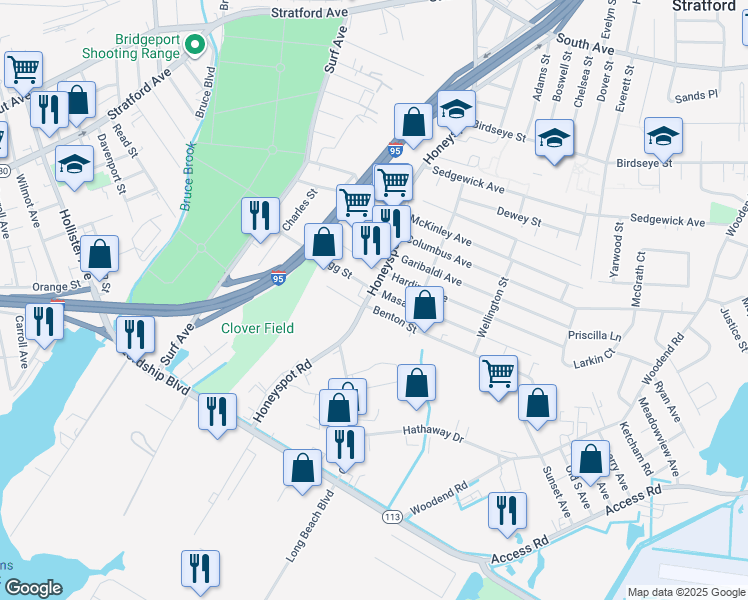 map of restaurants, bars, coffee shops, grocery stores, and more near 775 Honeyspot Road in Stratford