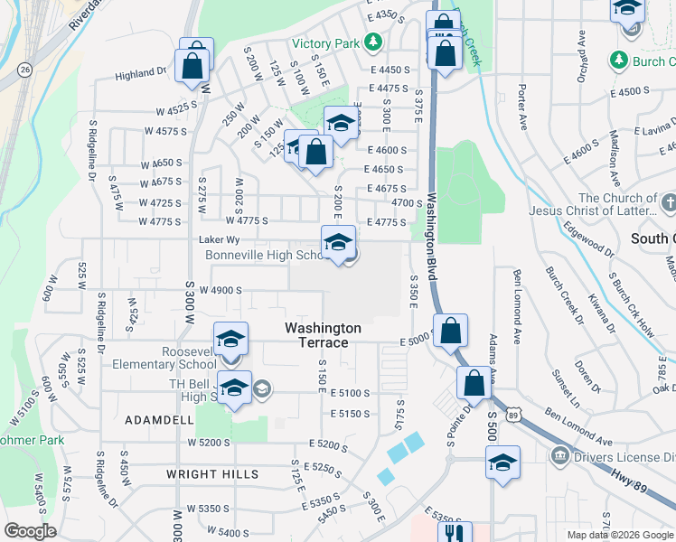 map of restaurants, bars, coffee shops, grocery stores, and more near 153-163 East 4900 South Street in Washington Terrace