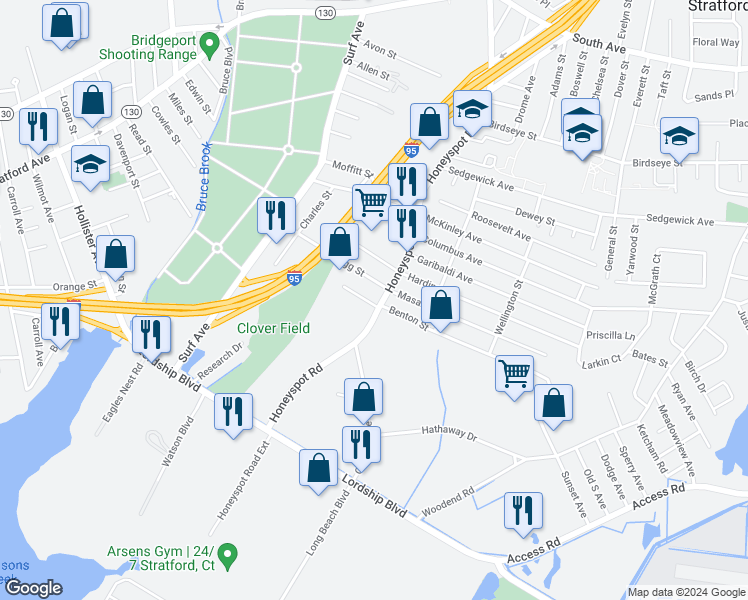 map of restaurants, bars, coffee shops, grocery stores, and more near 775 Honeyspot Road in Stratford