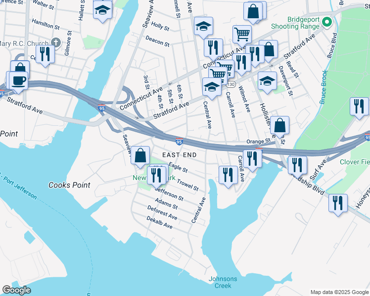 map of restaurants, bars, coffee shops, grocery stores, and more near in Bridgeport