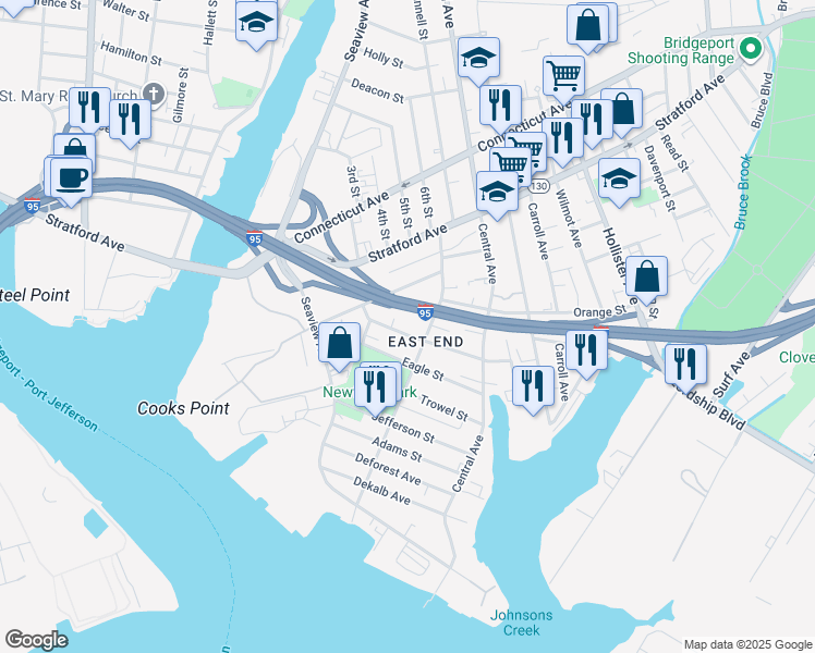 map of restaurants, bars, coffee shops, grocery stores, and more near 111 Smith Street in Bridgeport