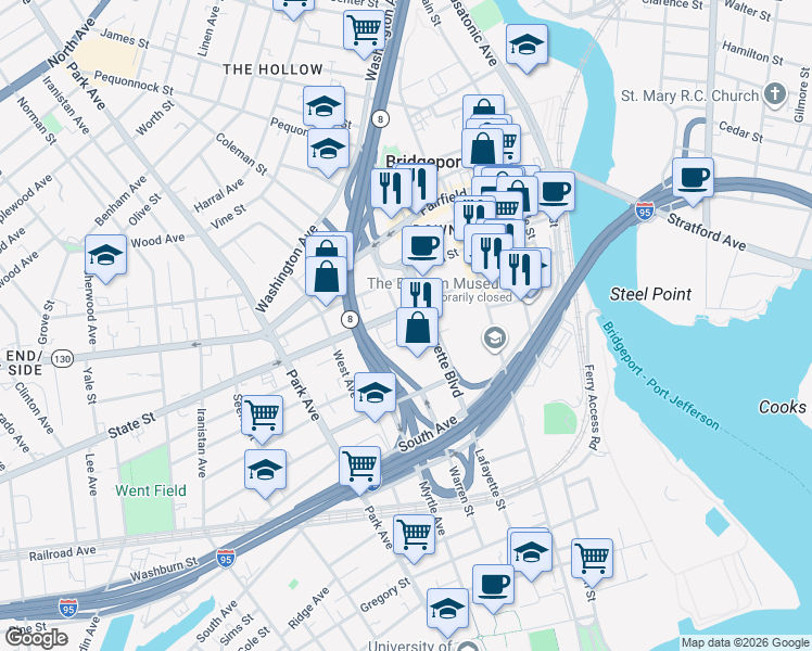 map of restaurants, bars, coffee shops, grocery stores, and more near 881 Lafayette Boulevard in Bridgeport