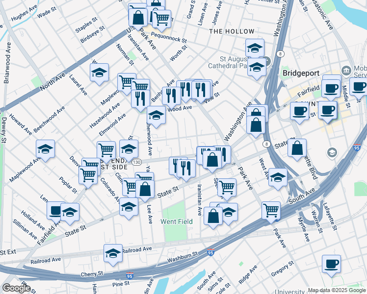 map of restaurants, bars, coffee shops, grocery stores, and more near 447 Norman Street in Bridgeport