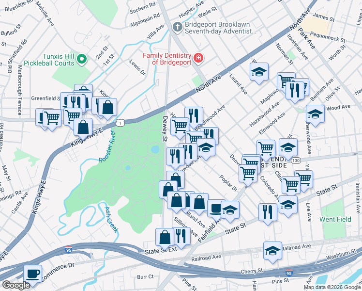 map of restaurants, bars, coffee shops, grocery stores, and more near 343 Poplar Street in Bridgeport