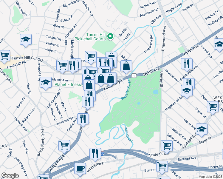 map of restaurants, bars, coffee shops, grocery stores, and more near 64 Pierce Street in Fairfield