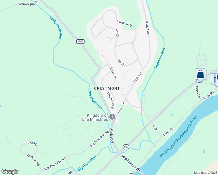map of restaurants, bars, coffee shops, grocery stores, and more near 21 Circle Drive in Lock Haven
