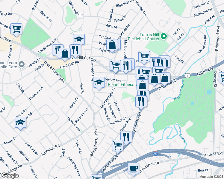 map of restaurants, bars, coffee shops, grocery stores, and more near 612 Old Stratfield Road in Fairfield