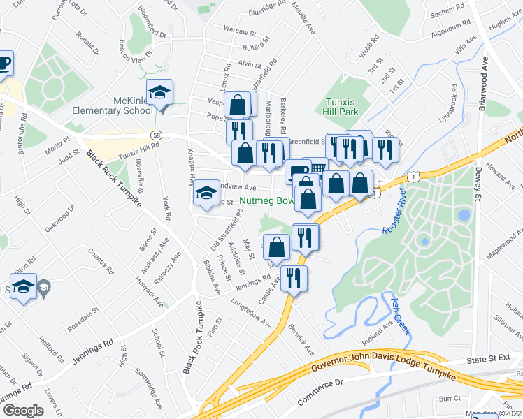 map of restaurants, bars, coffee shops, grocery stores, and more near 23 Sterling Street in Fairfield