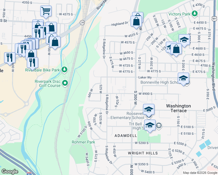 map of restaurants, bars, coffee shops, grocery stores, and more near 4868 South Ridgeline Drive in Ogden