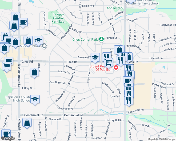 map of restaurants, bars, coffee shops, grocery stores, and more near 916 Joseph Drive in Papillion