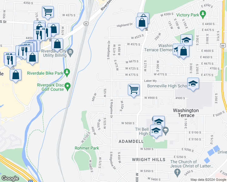 map of restaurants, bars, coffee shops, grocery stores, and more near 4868 South Ridgeline Drive in Ogden