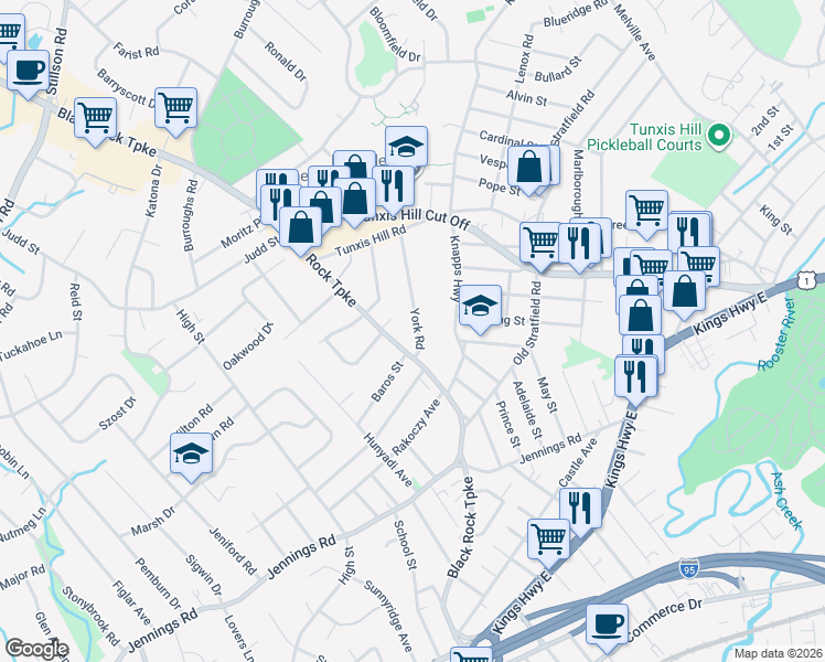 map of restaurants, bars, coffee shops, grocery stores, and more near 214 York Road in Fairfield