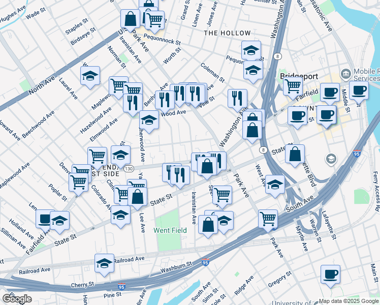 map of restaurants, bars, coffee shops, grocery stores, and more near 1059 Iranistan Avenue in Bridgeport