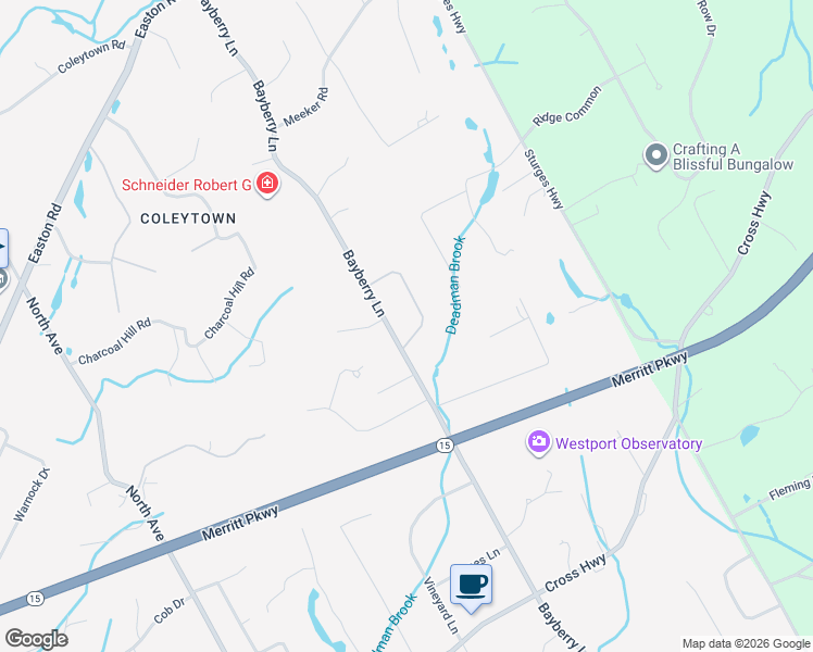 map of restaurants, bars, coffee shops, grocery stores, and more near 208 Bayberry Lane in Westport