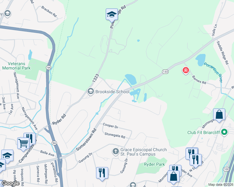 map of restaurants, bars, coffee shops, grocery stores, and more near 1 Brookside Lane in Ossining