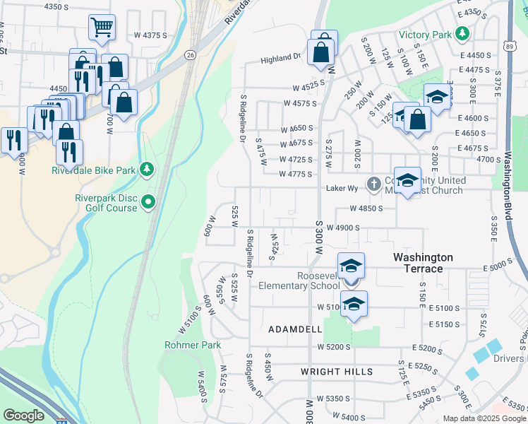 map of restaurants, bars, coffee shops, grocery stores, and more near 4818 South 450 West in Washington Terrace