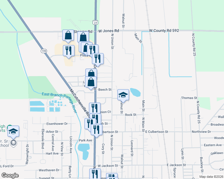 map of restaurants, bars, coffee shops, grocery stores, and more near 401 Beech Street in Fostoria