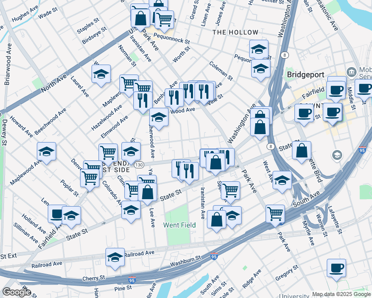 map of restaurants, bars, coffee shops, grocery stores, and more near 447 Norman Street in Bridgeport