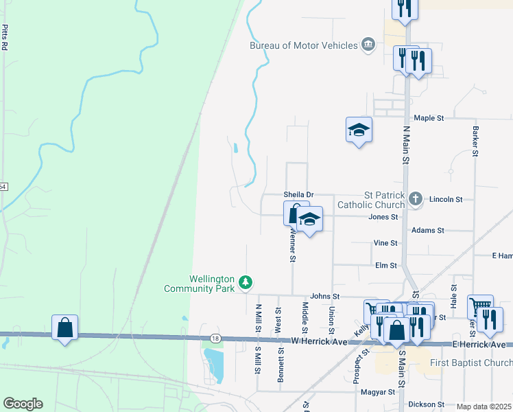 map of restaurants, bars, coffee shops, grocery stores, and more near 301 North Mill Street in Wellington