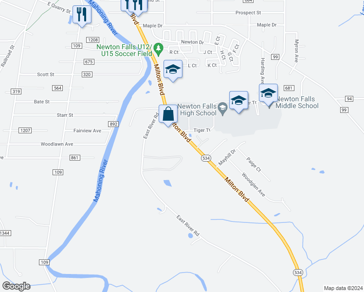 map of restaurants, bars, coffee shops, grocery stores, and more near 2200 Milton Boulevard in Newton Falls