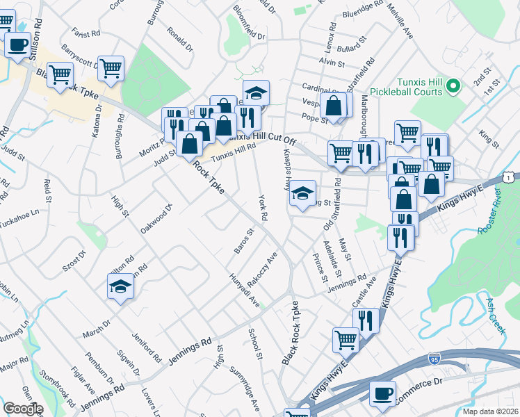 map of restaurants, bars, coffee shops, grocery stores, and more near 214 York Road in Fairfield