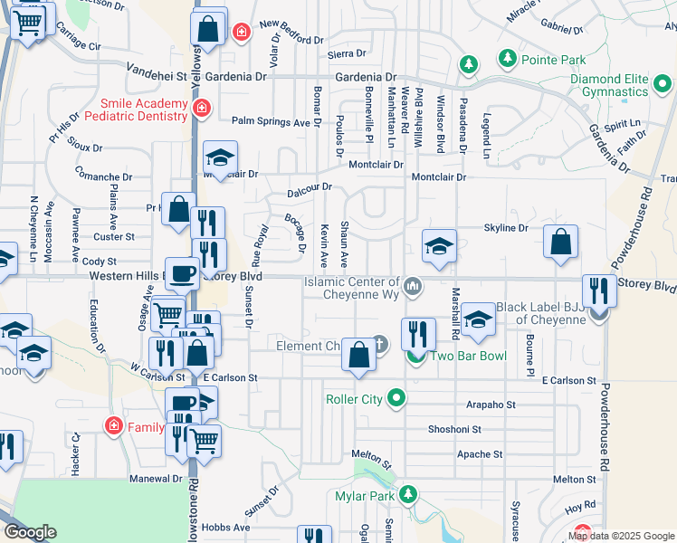 map of restaurants, bars, coffee shops, grocery stores, and more near 6102 Shaun Ave in Cheyenne